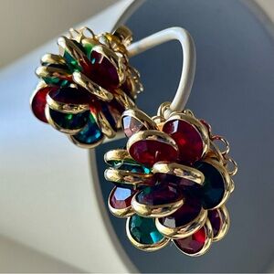SAVVY Vintage Swarovski Dangle Cluster Clip On Earrings Ruby Emerald Amethyst